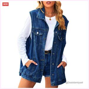 Vintage Denim Vest Oversized Lapel Button Down Sleeveless with Pockets
